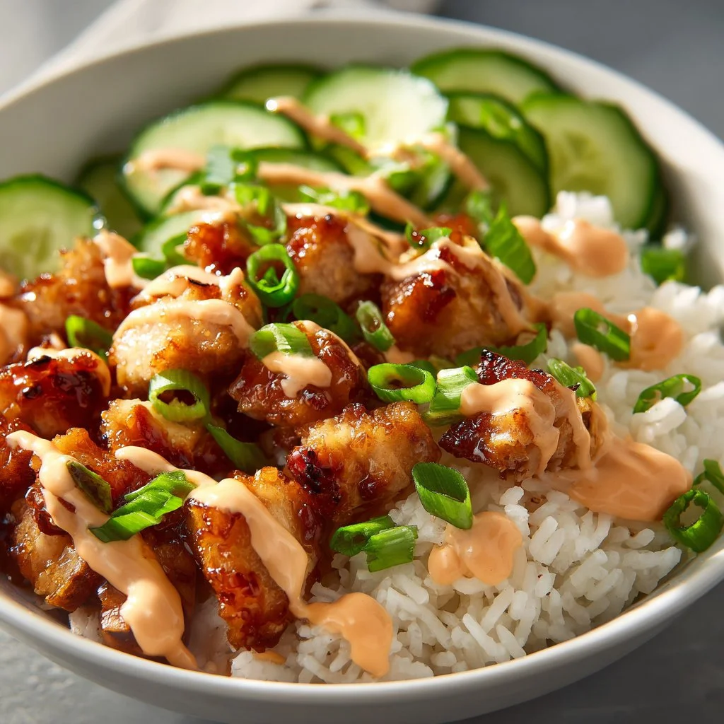 Bang Bang Chicken Bowl with crispy chicken, spicy sauce, and fresh vegetables.