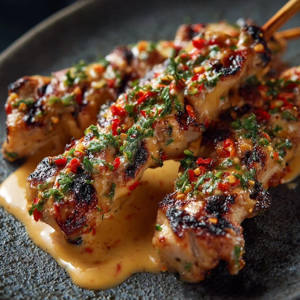 Delicious Bang Bang Chicken Skewers served on a platter