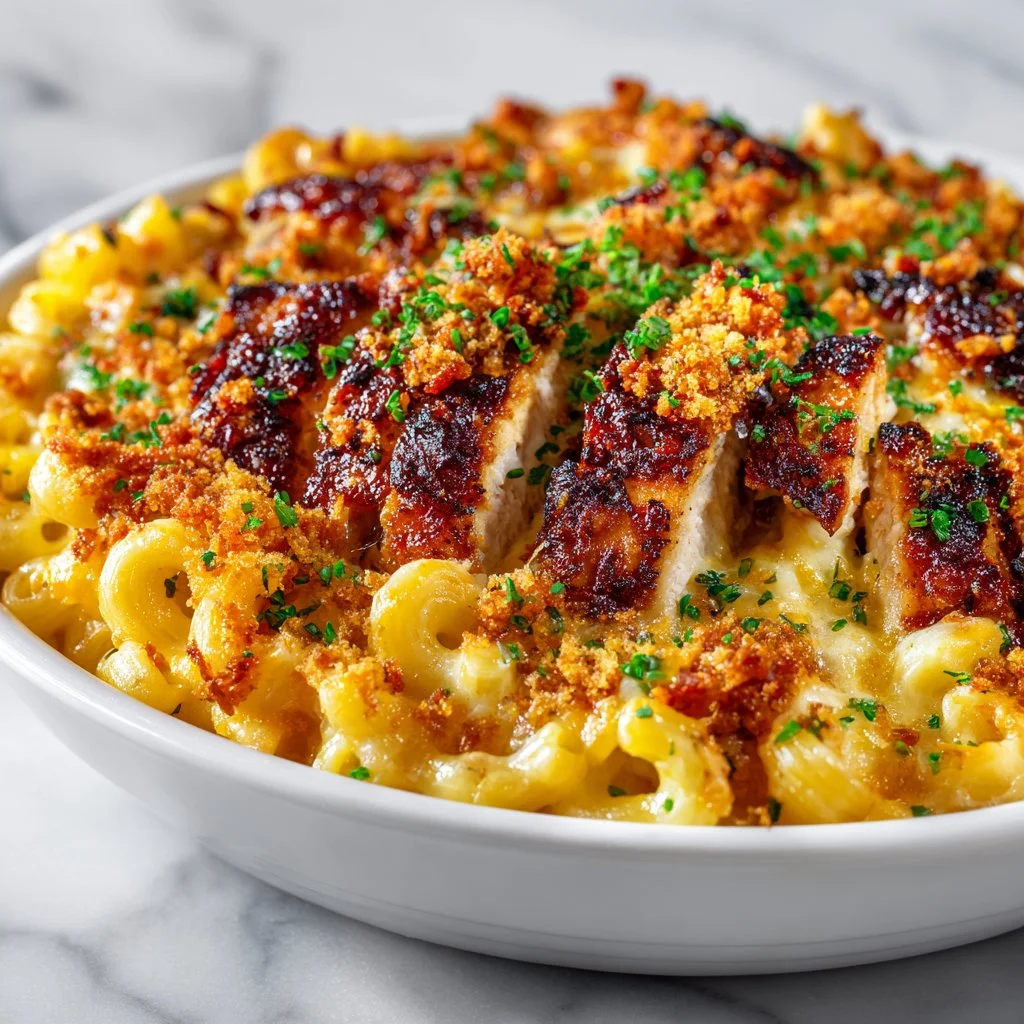 Creamy BBQ Chicken Mac and Cheese topped with crispy breadcrumbs and BBQ sauce