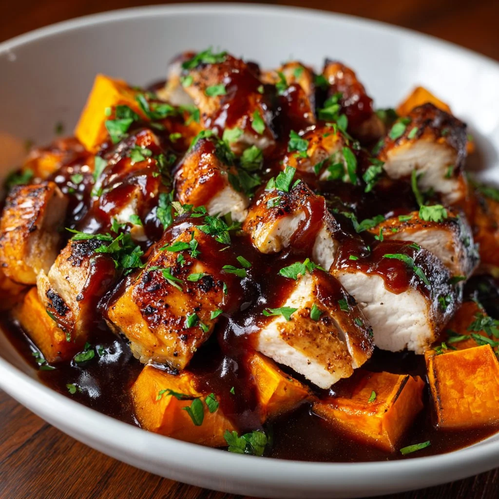 BBQ chicken sweet potato bowl topped with fresh ingredients and BBQ sauce