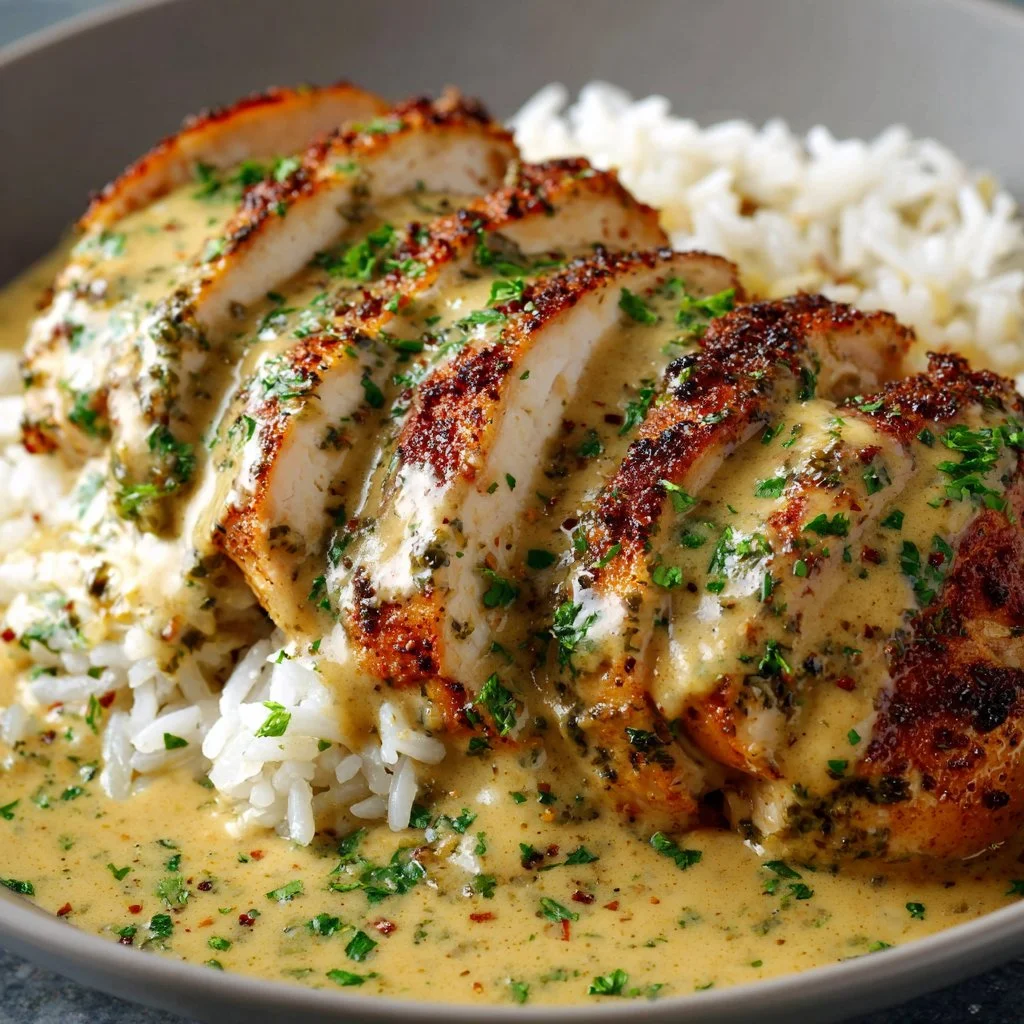 Delicious smothered chicken served over rice in a creamy sauce