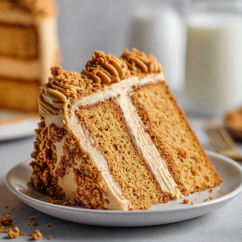 Delicious Biscoff cookie butter cake with rich frosting and cookie toppings
