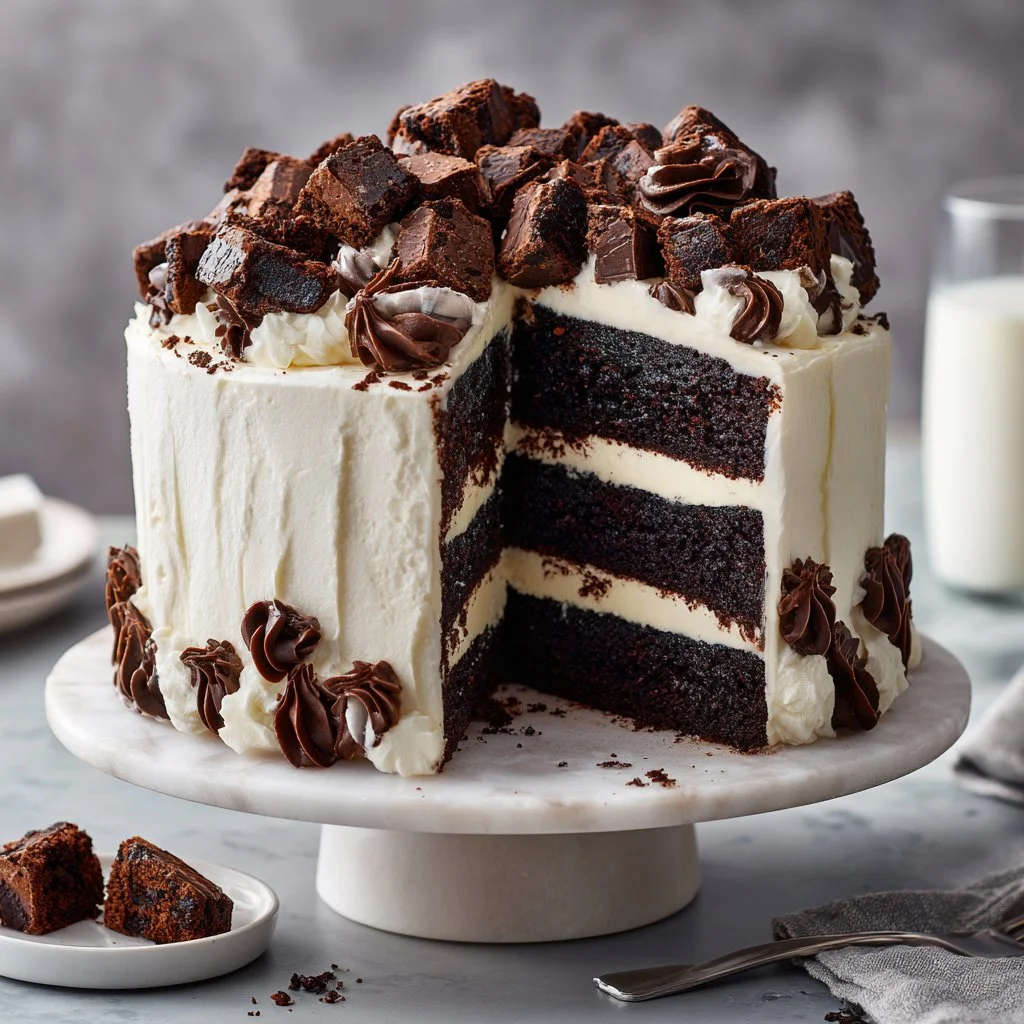Delicious Brownie Layer Cake with rich layers of fudgy brownie and creamy frosting