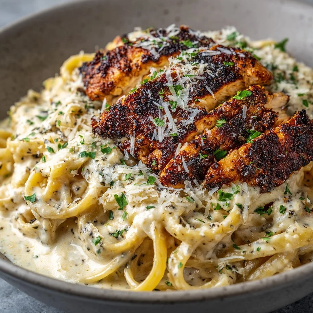 Cajun chicken served with creamy garlic parmesan linguine on a plate