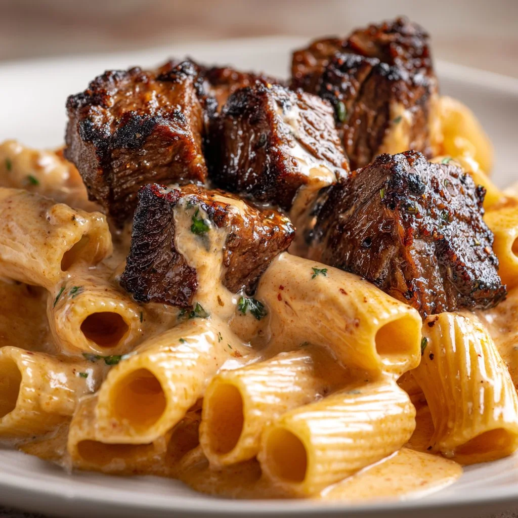 Plate of Cajun Steak Tips with creamy Parmesan rigatoni garnished with herbs.