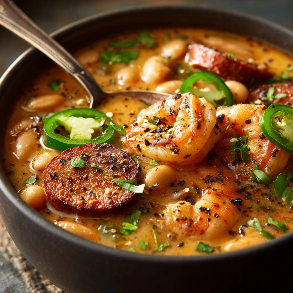 Bowl of Cajun White Chicken Chili with spices and vegetables