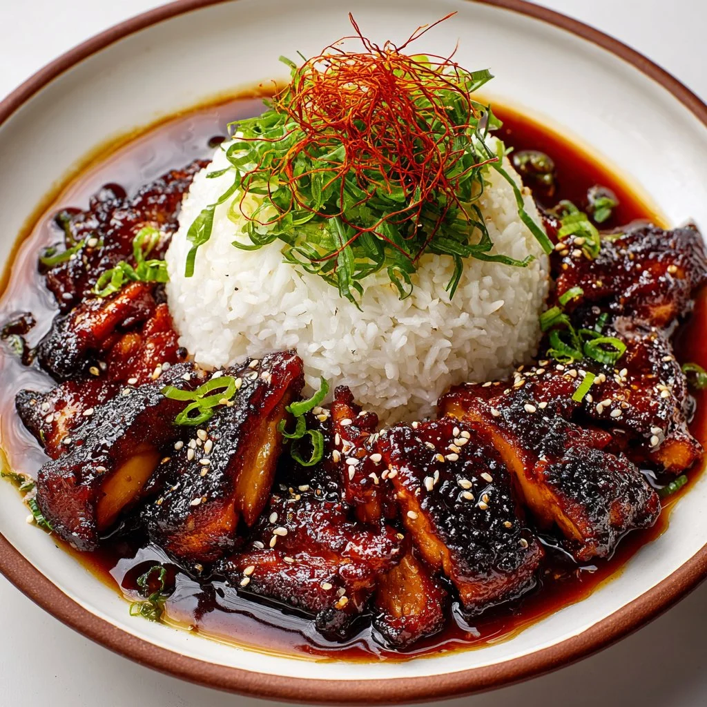 Caramelized soy chicken served with vegetables on a plate