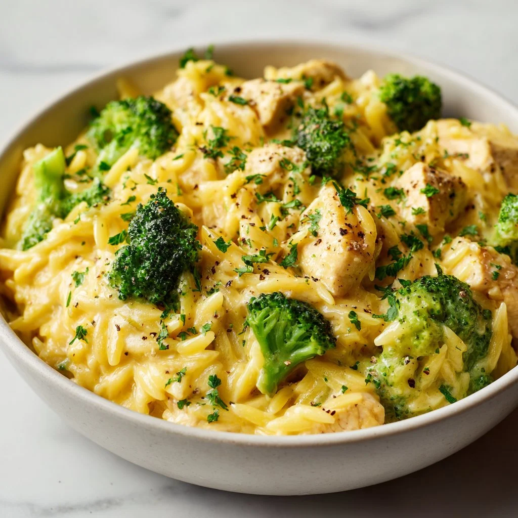 Cheesy Chicken Broccoli Orzo served in a bowl with fresh parsley garnish