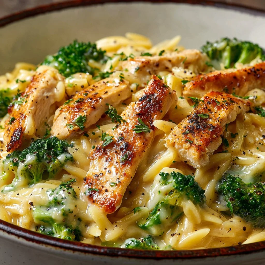 Bowl of Cheesy Chicken Broccoli Orzo topped with melted cheese and fresh herbs