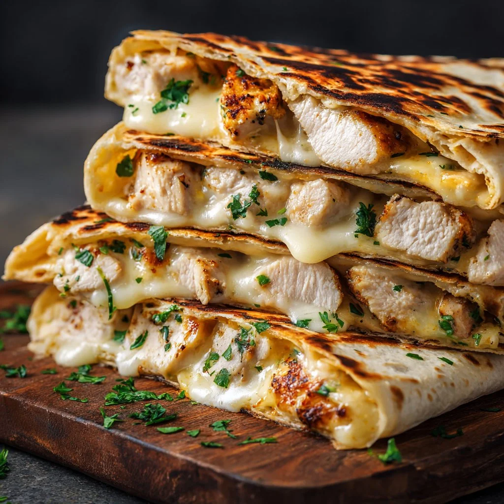 Cheesy garlic chicken wraps filled with melted cheese and fresh ingredients