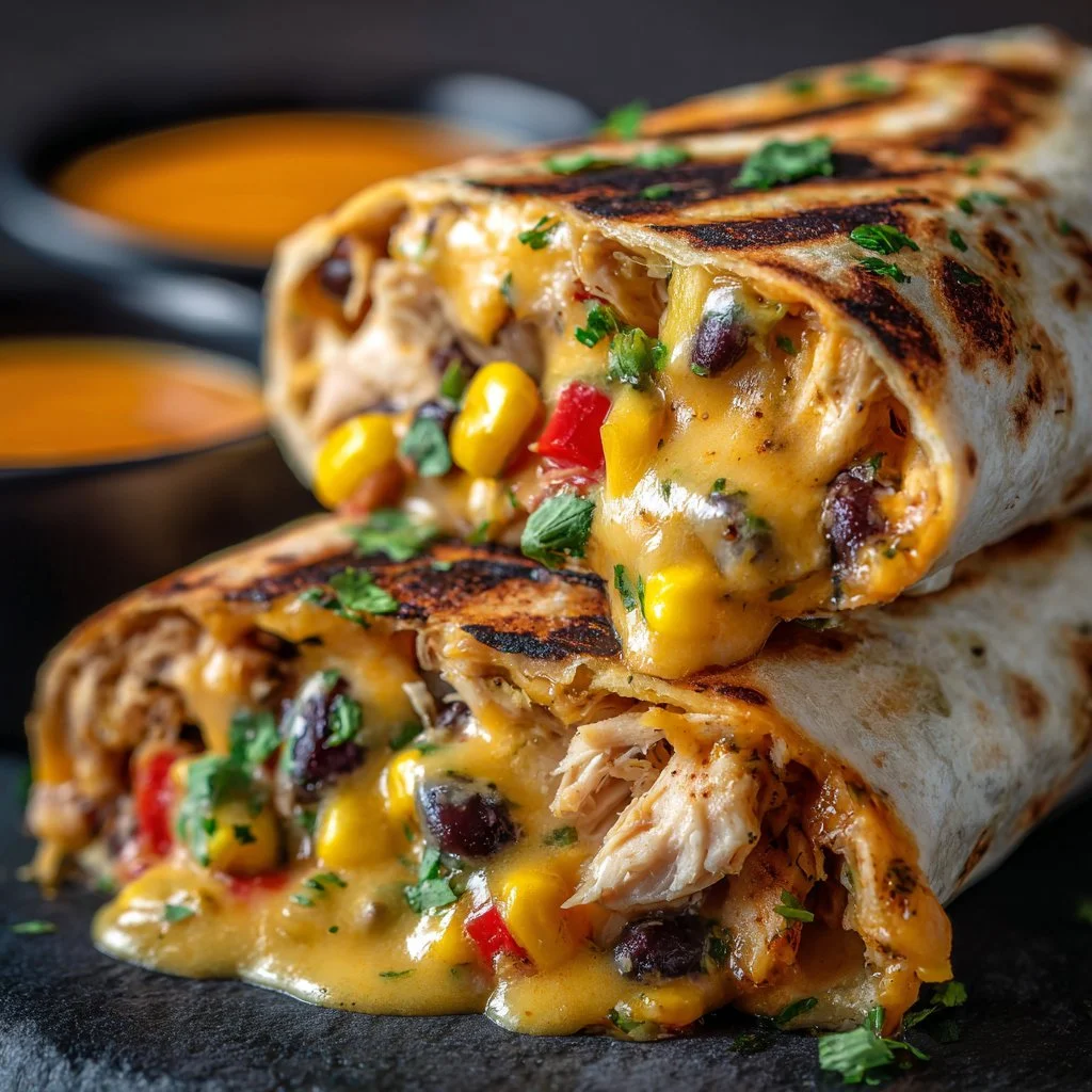 Cheesy garlic chicken wraps on a plate, garnished and ready to eat.