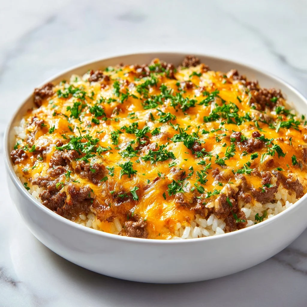 Delicious cheesy ground beef and rice casserole served in a bowl