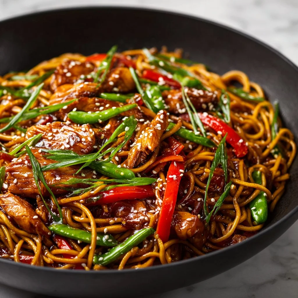 Delicious Chicken Lo Mein cooked with fresh vegetables and savory sauce