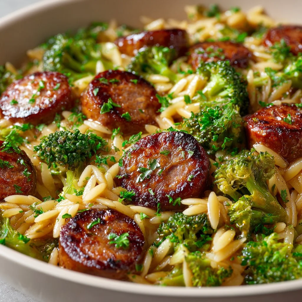 Chicken sausage and broccoli orzo in a bowl, garnished and ready to serve.
