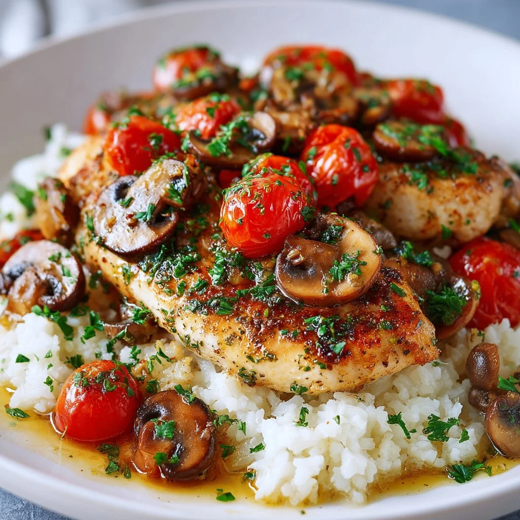 Plate of Chicken Scampi served with Garlic Parmesan Rice