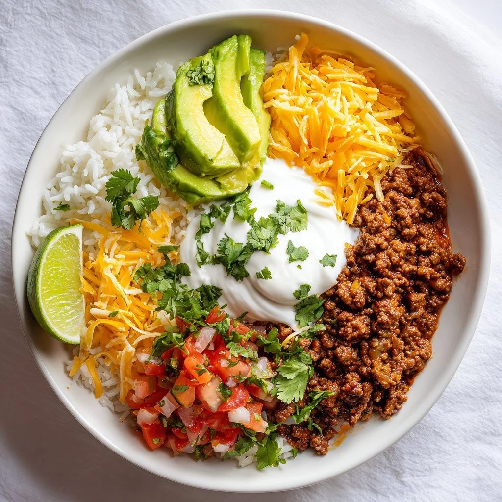 Delicious Chicken Taco Rice Bowls with fresh toppings and seasoned chicken
