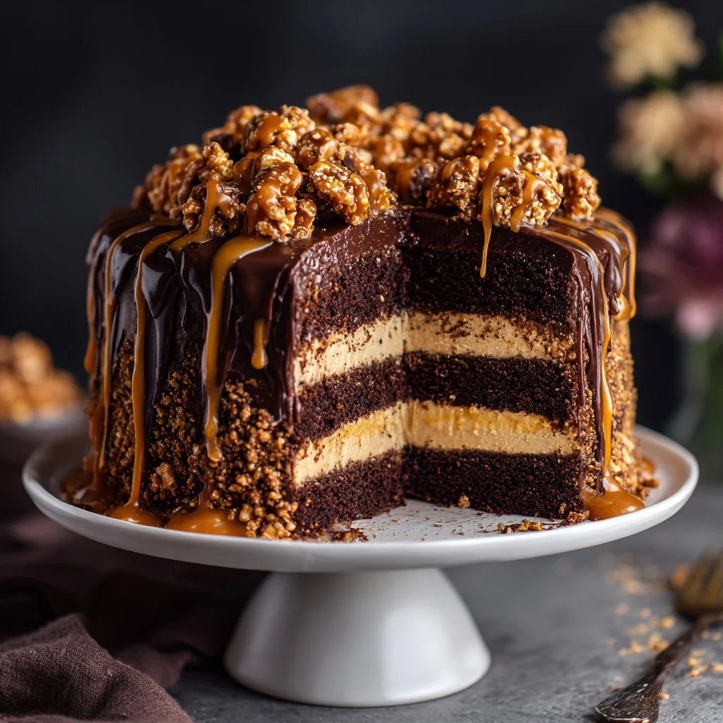Delicious Chocolate Caramel Toffee Crunch Cake with layers of chocolate, caramel, and toffee crunch.