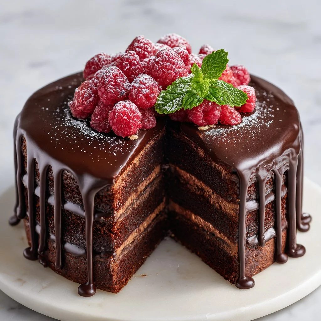 Delicious Chocolate Raspberry Truffle Cake with layers of rich chocolate and raspberries