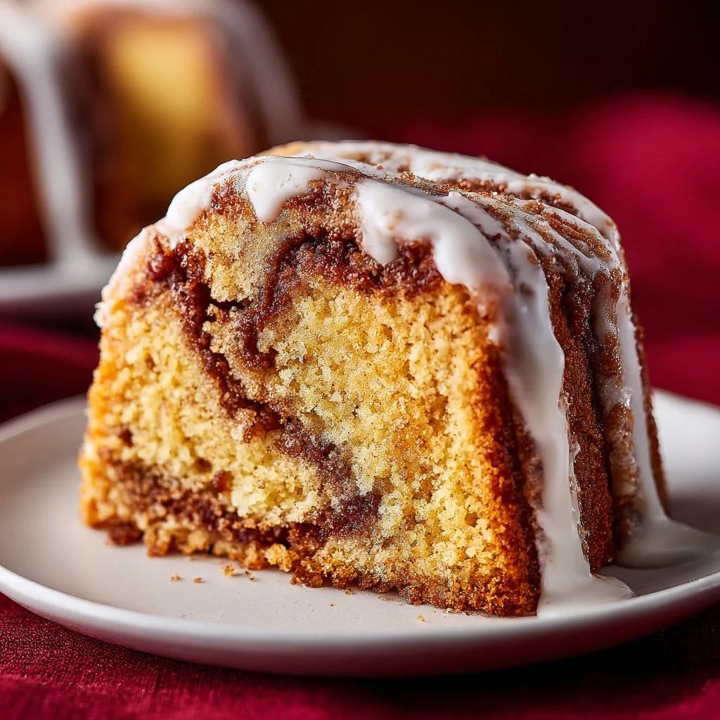 Delicious cinnamon roll cake topped with icing and cinnamon swirls.