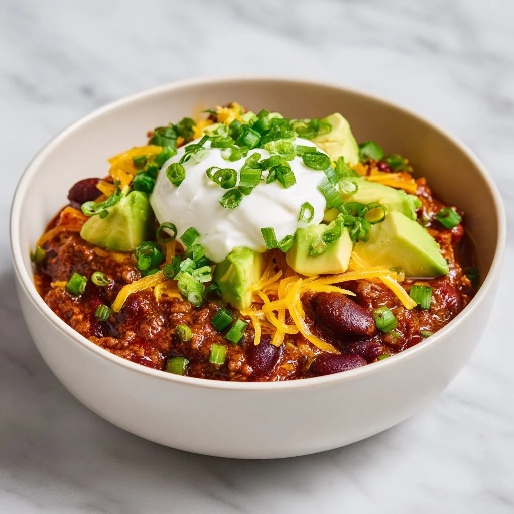 Bowl of classic slow cooker chili garnished with cilantro and cheese