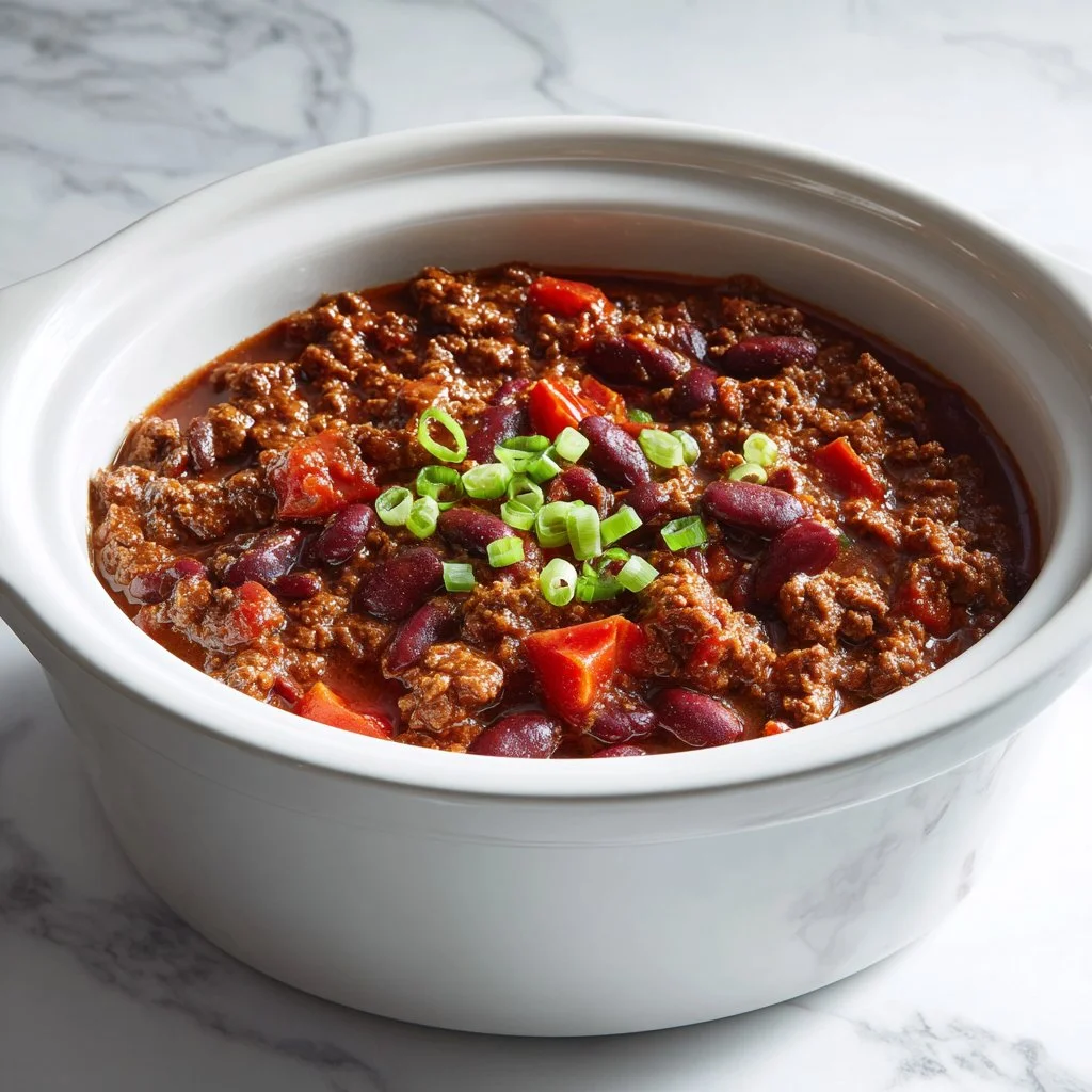 Bowl of classic slow cooker chili with beans, meat, and spices