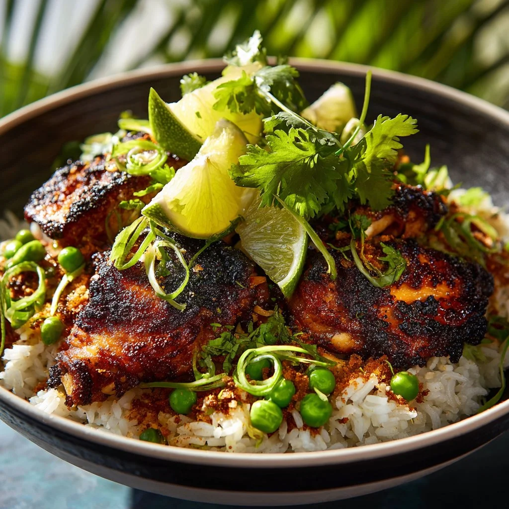Plate of Coconut Chicken served with fluffy rice and vegetables