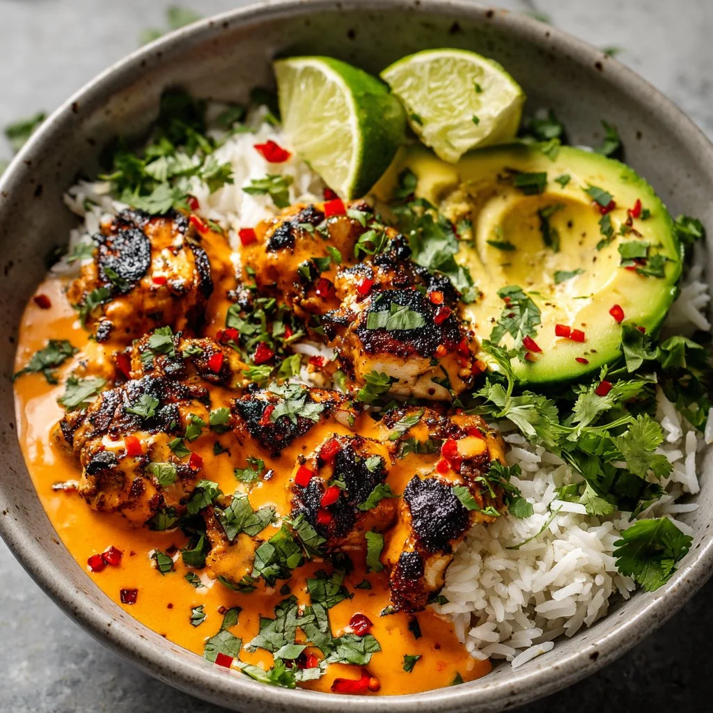 Coconut Chicken Rice Bowl with vibrant ingredients in a white bowl