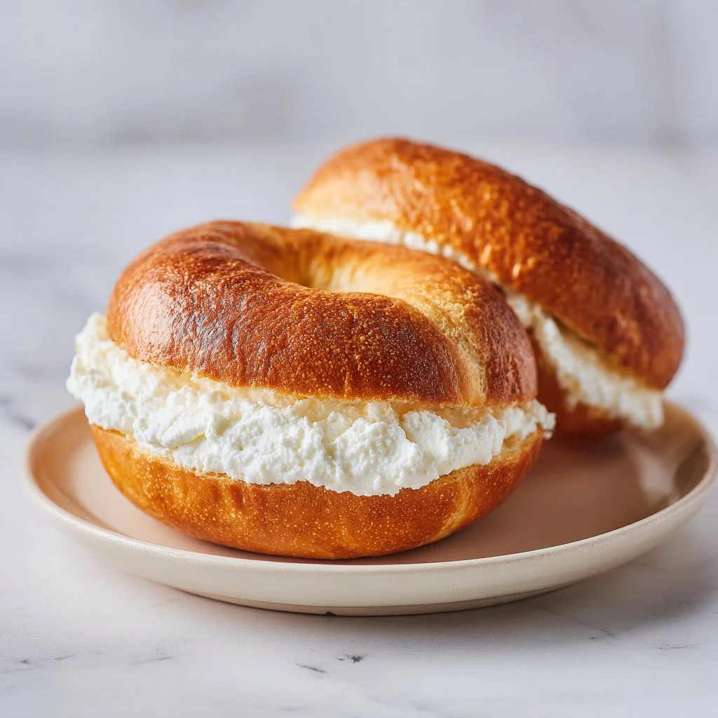 A platter of freshly baked cottage cheese bagels topped with seeds.