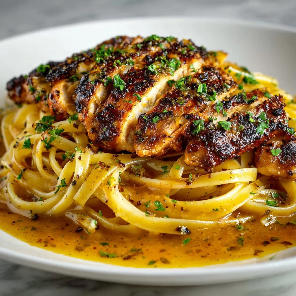 Cowboy Butter Chicken Linguine served in a bowl with fresh herbs and spices.