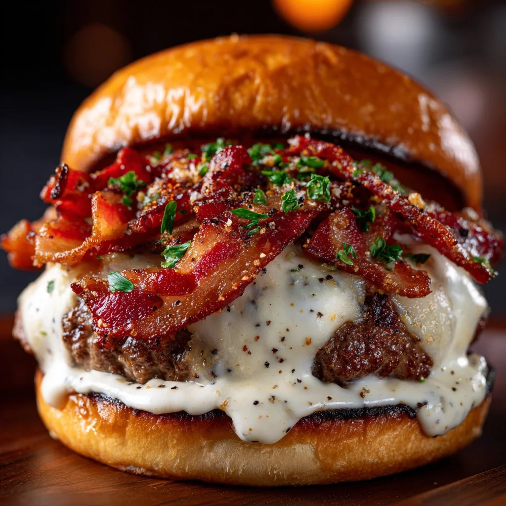 Delicious Crack Burgers on a wooden platter with toppings and sides.