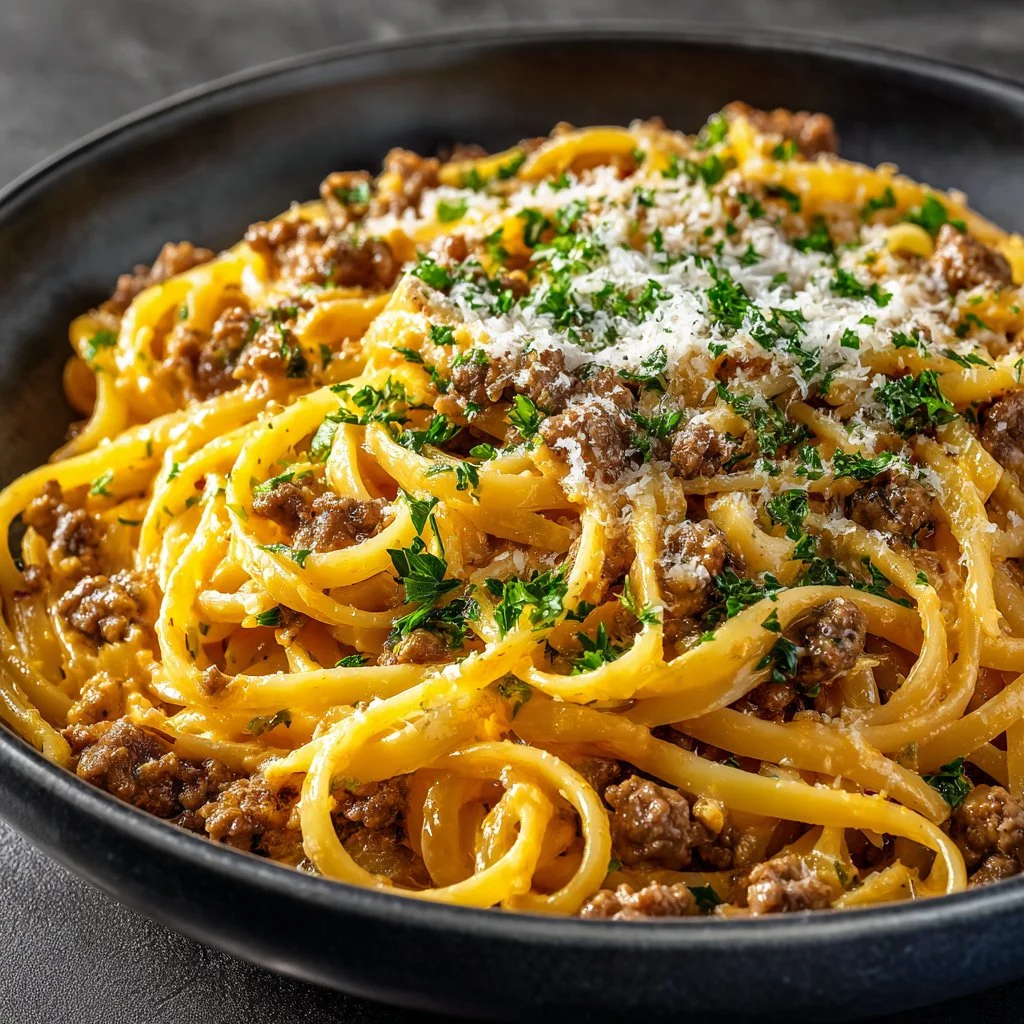 Creamy beef and garlic butter pasta topped with herbs and served in a bowl.