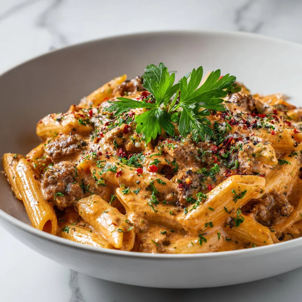 Creamy beef pasta dish topped with herbs and cheese, served in a bowl.