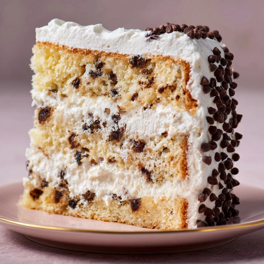 Slice of creamy cannoli cake with ricotta filling and chocolate chips