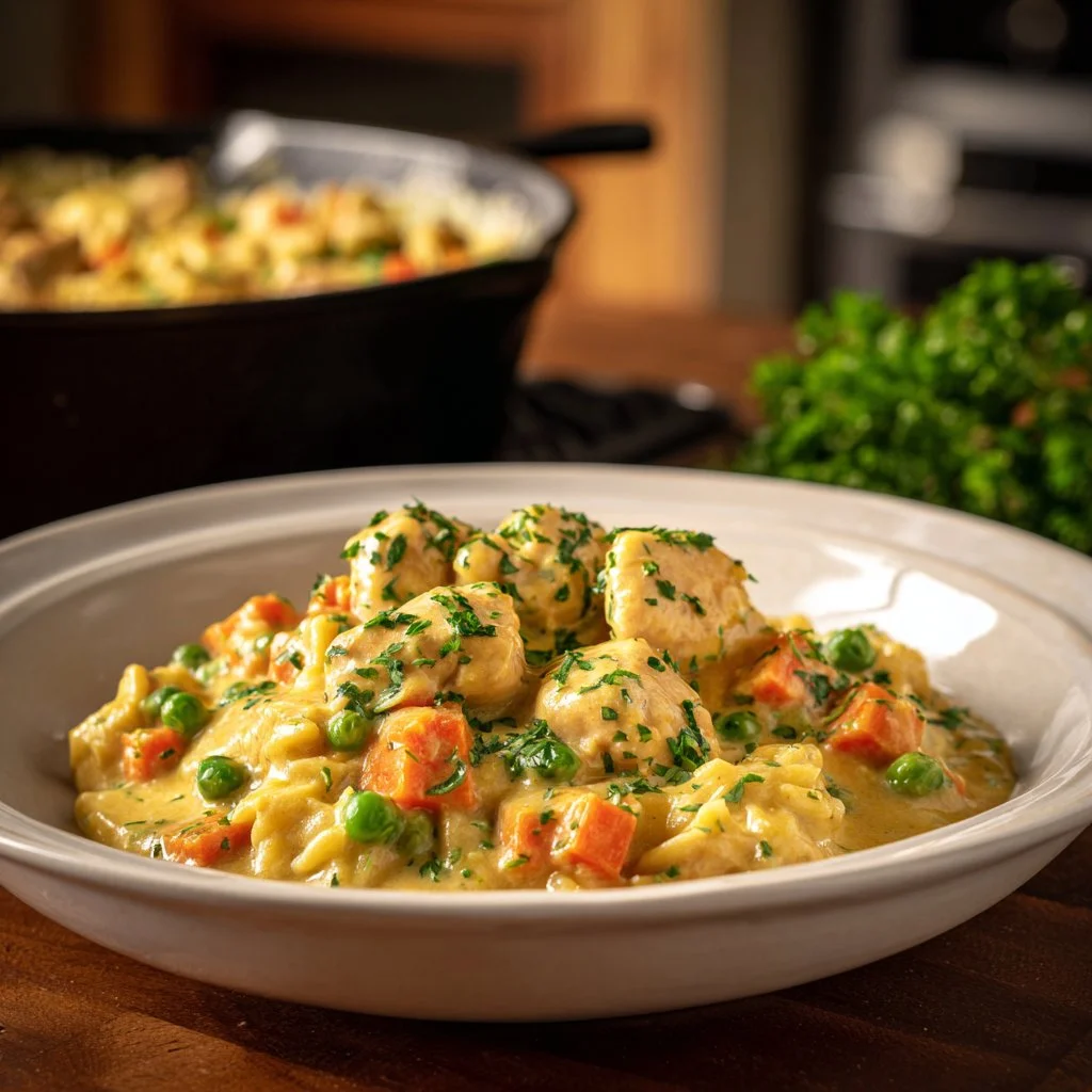 Creamy chicken pot pie with vegetables and flaky crust