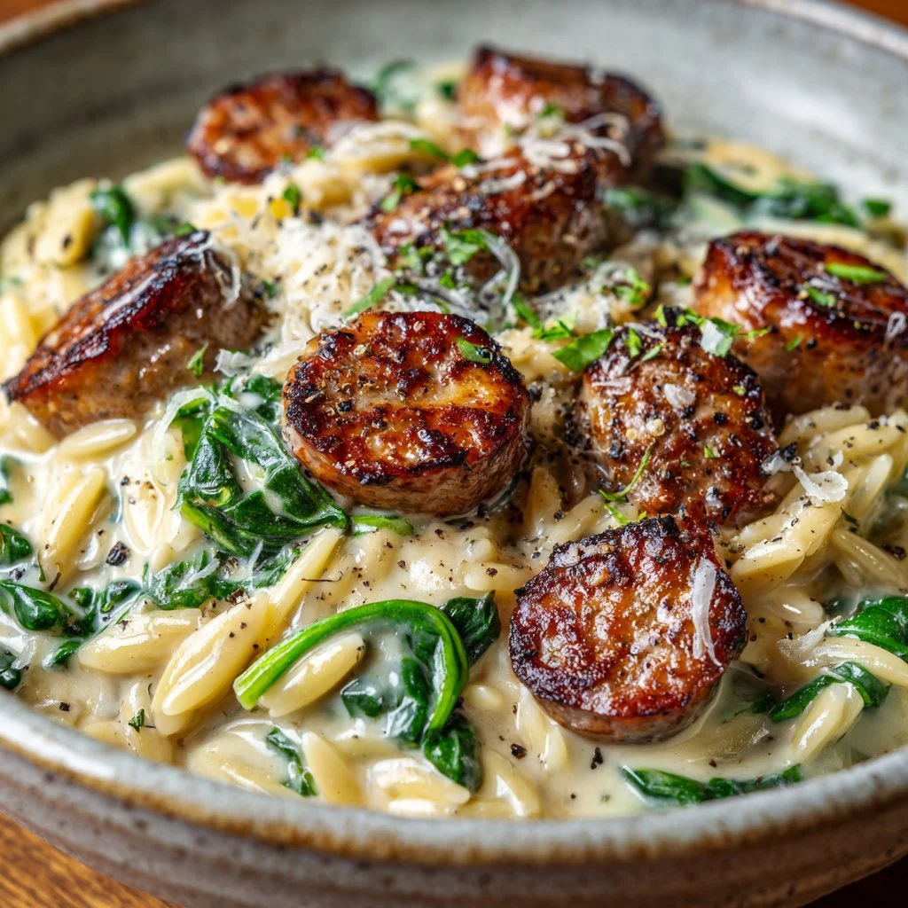Creamy chicken sausage orzo served in a bowl with fresh herbs