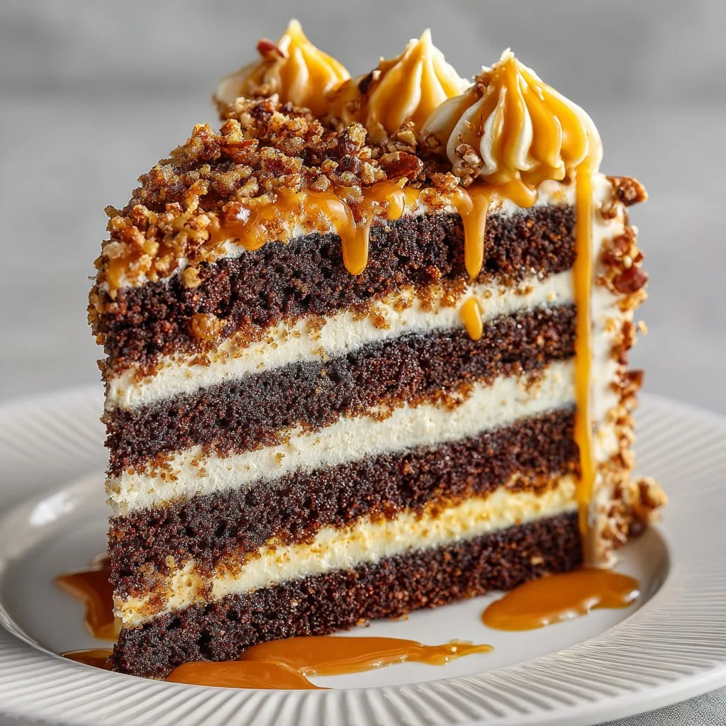Creamy chocolate caramel toffee crunch cake topped with toffee pieces and chocolate glaze.