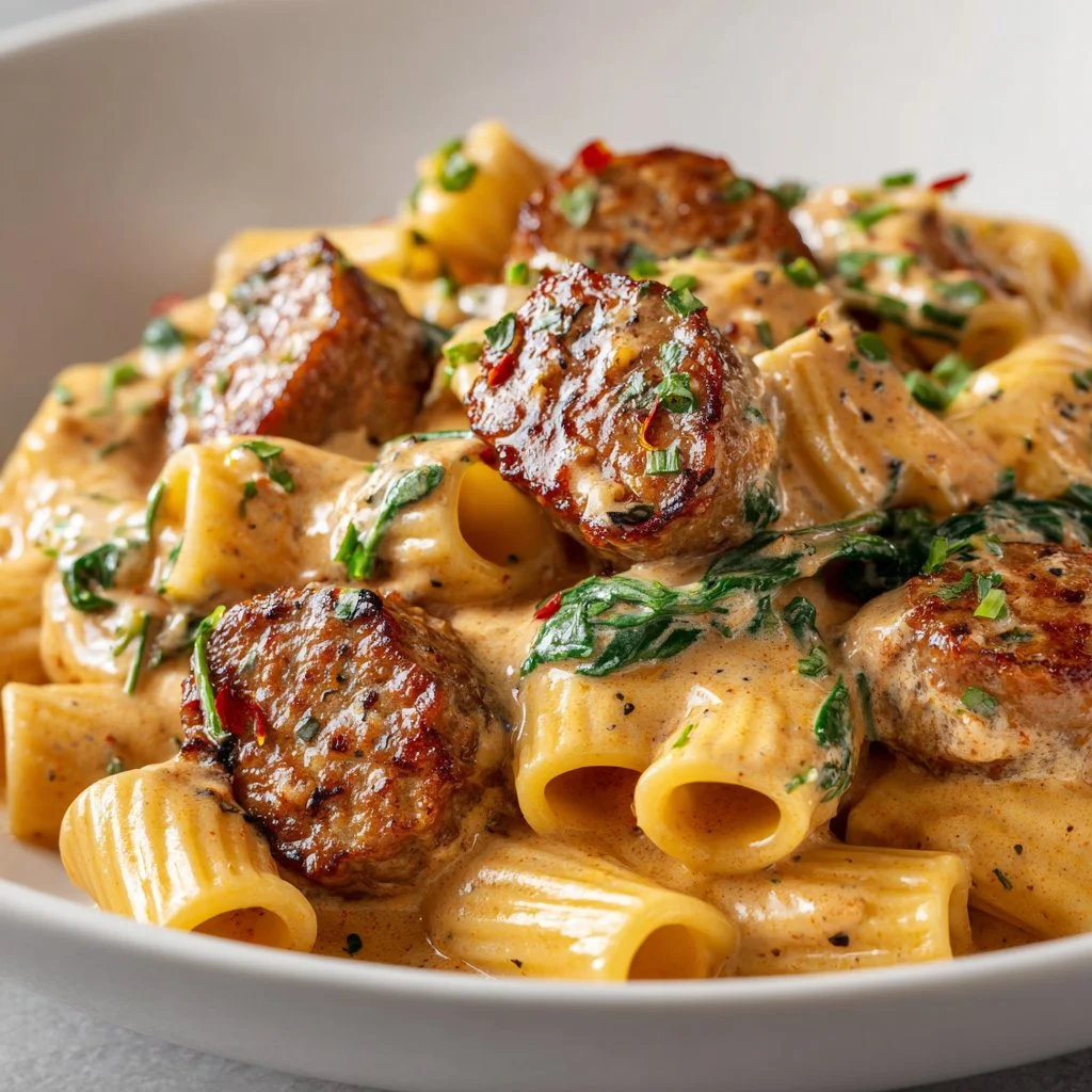 Creamy Italian sausage rigatoni served in a bowl with herbs