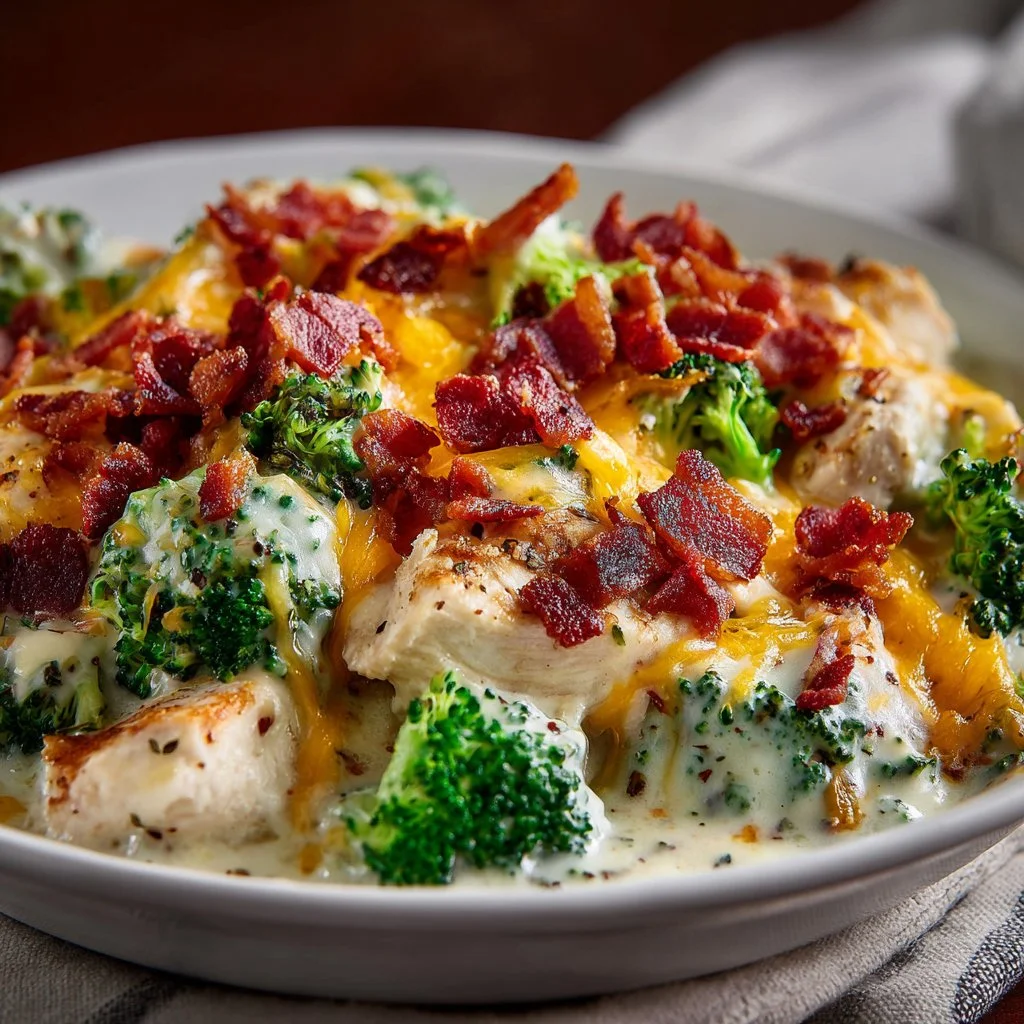 Creamy low carb chicken casserole dish garnished with herbs