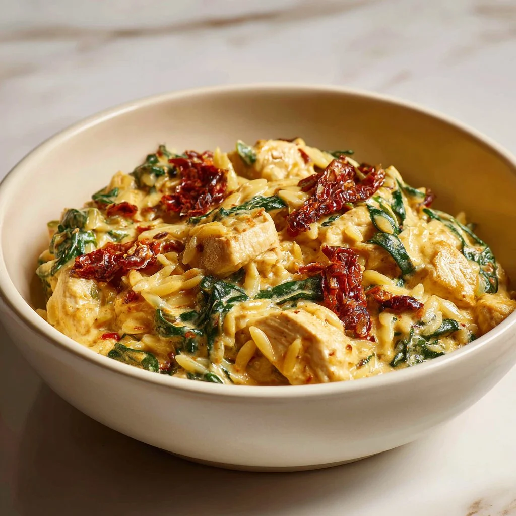 Delicious creamy Tuscan chicken orzo served in a bowl, garnished with herbs