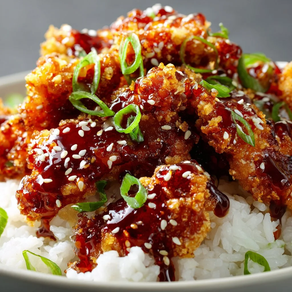 Delicious crispy honey garlic chicken served hot with garnishes