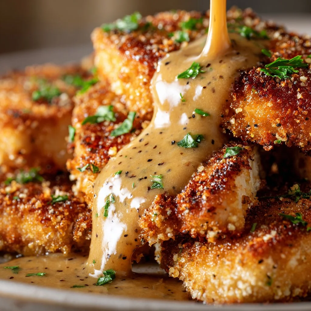 Crispy Parmesan Chicken topped with rich garlic sauce on a plate