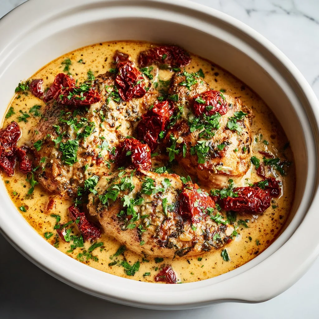 A serving of Crock Pot Marry Me Chicken on a white plate with herbs and sauce.