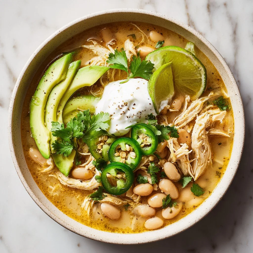 Bowl of creamy Crock Pot White Chicken Chili topped with herbs and seasoning