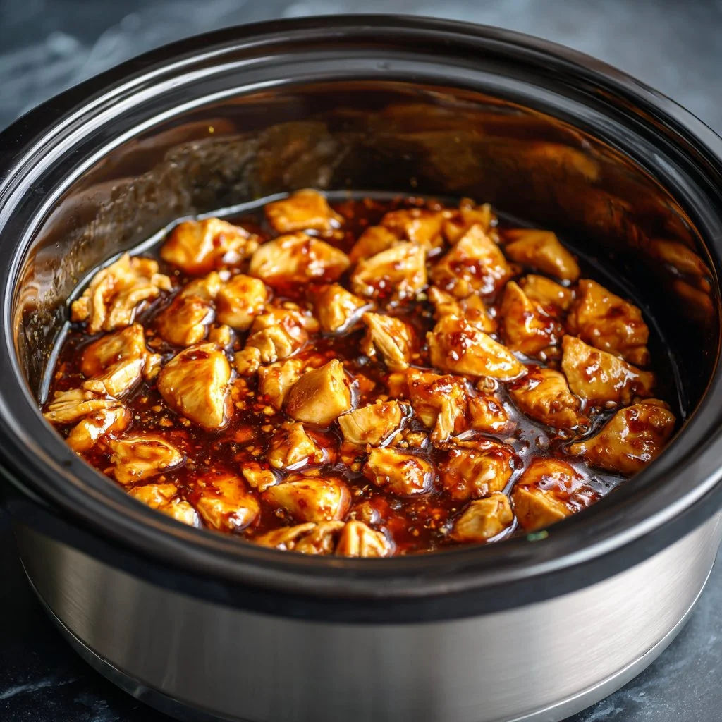 Delicious crockpot honey garlic chicken served on a plate with garnish.