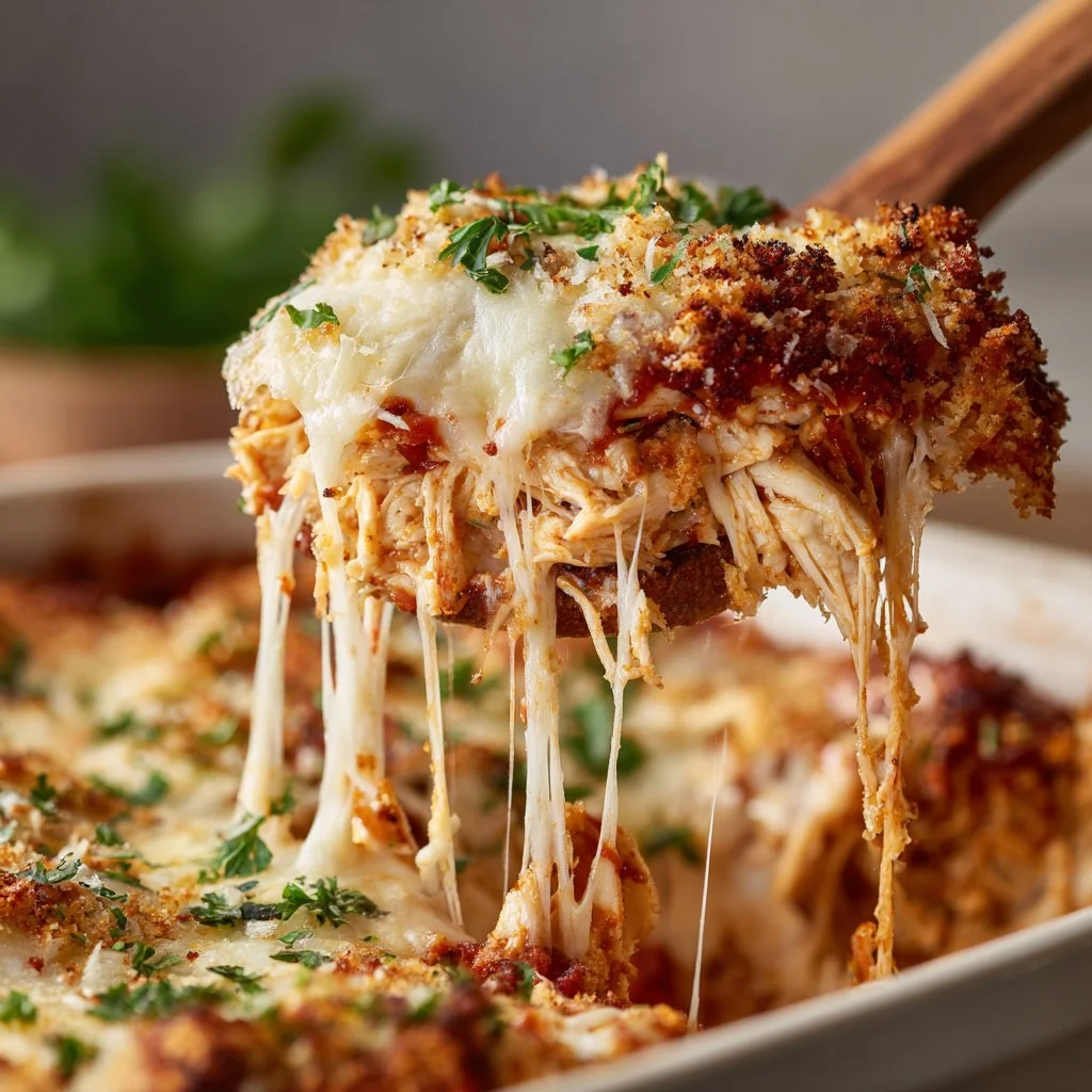 Delicious Chicken Parmesan Casserole topped with melted cheese and marinara sauce