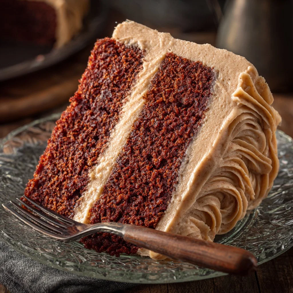 Delicious Dr. Pepper Cake topped with chocolate frosting and served on a plate.