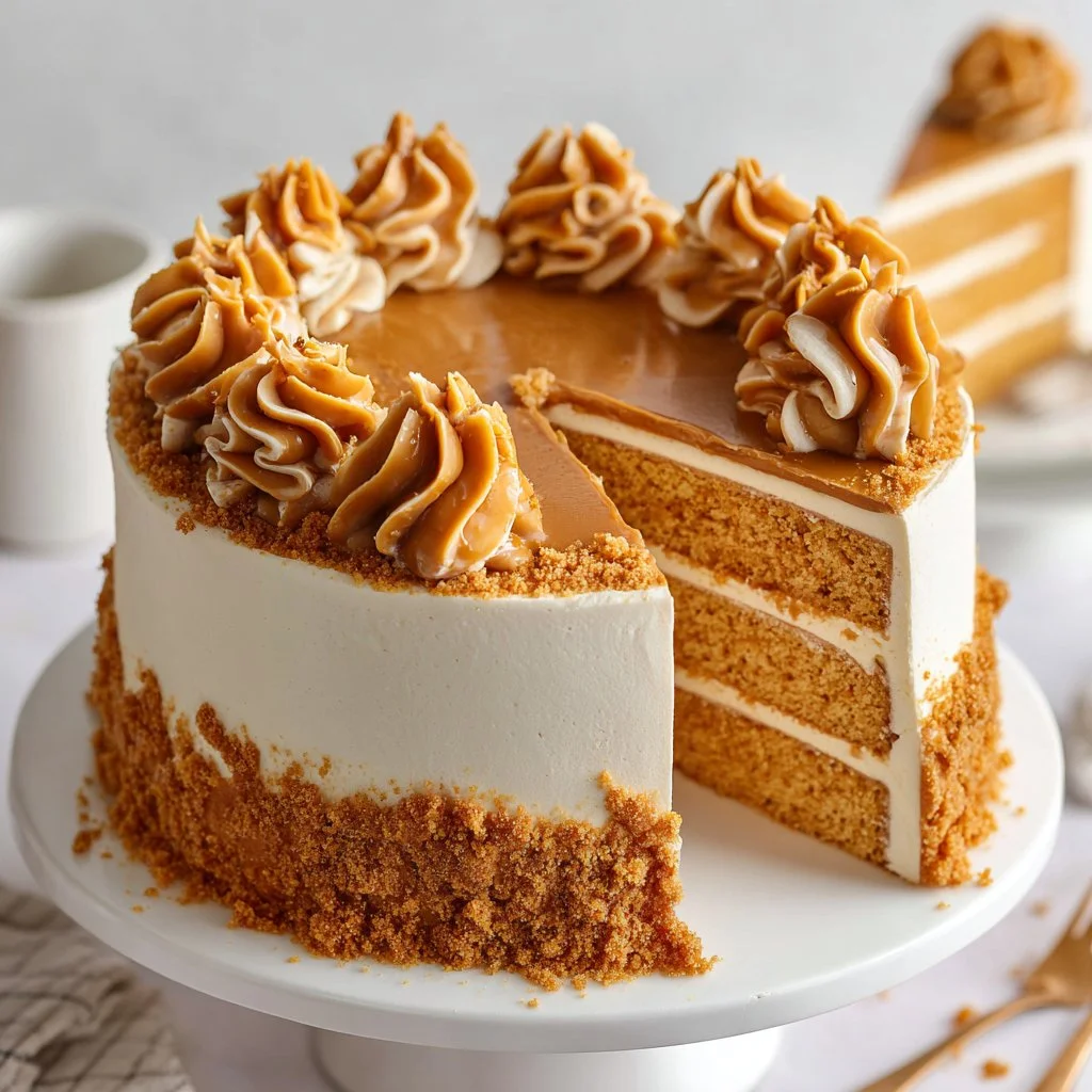 Deliciously moist Biscoff cake topped with creamy Biscoff frosting