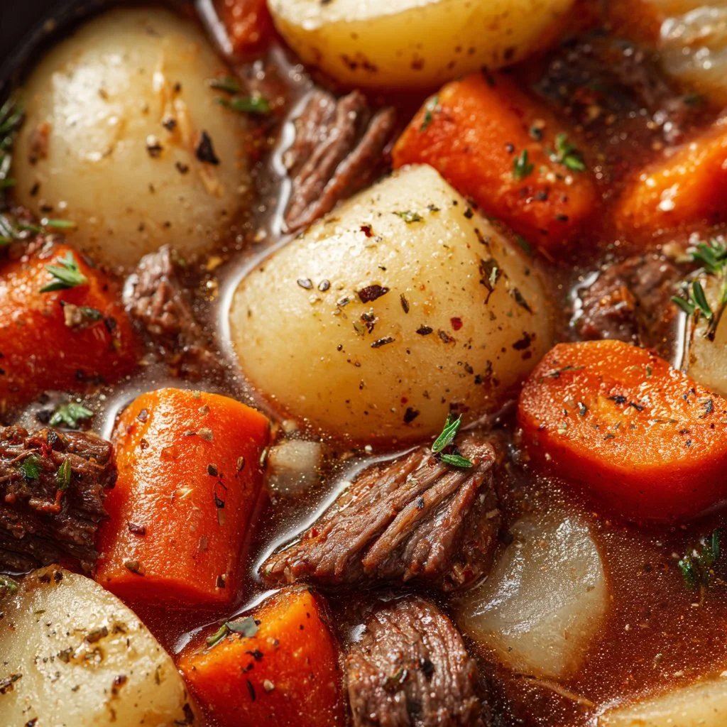 A bowl of hearty hamburger stew made in a Crock Pot, filled with vegetables and beef.