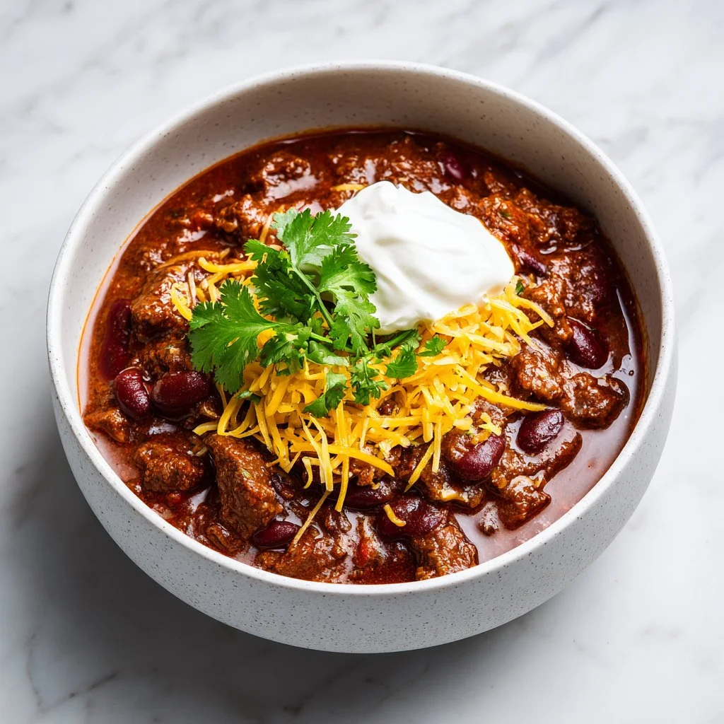 Delicious bowl of easy Crockpot Chili topped with cilantro