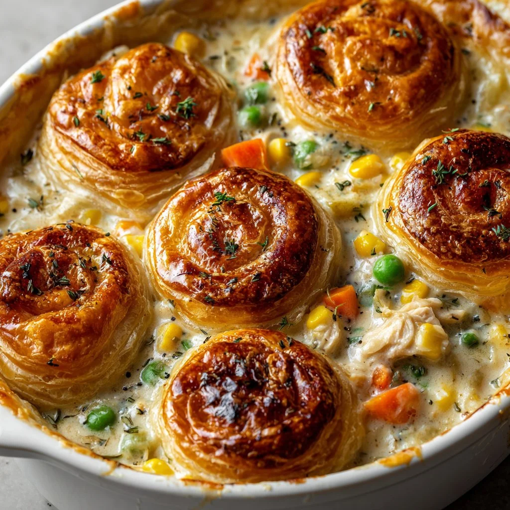 Delicious homemade chicken pot pie casserole fresh out of the oven.